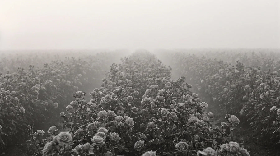 A field of roses at first light with mist between the rows