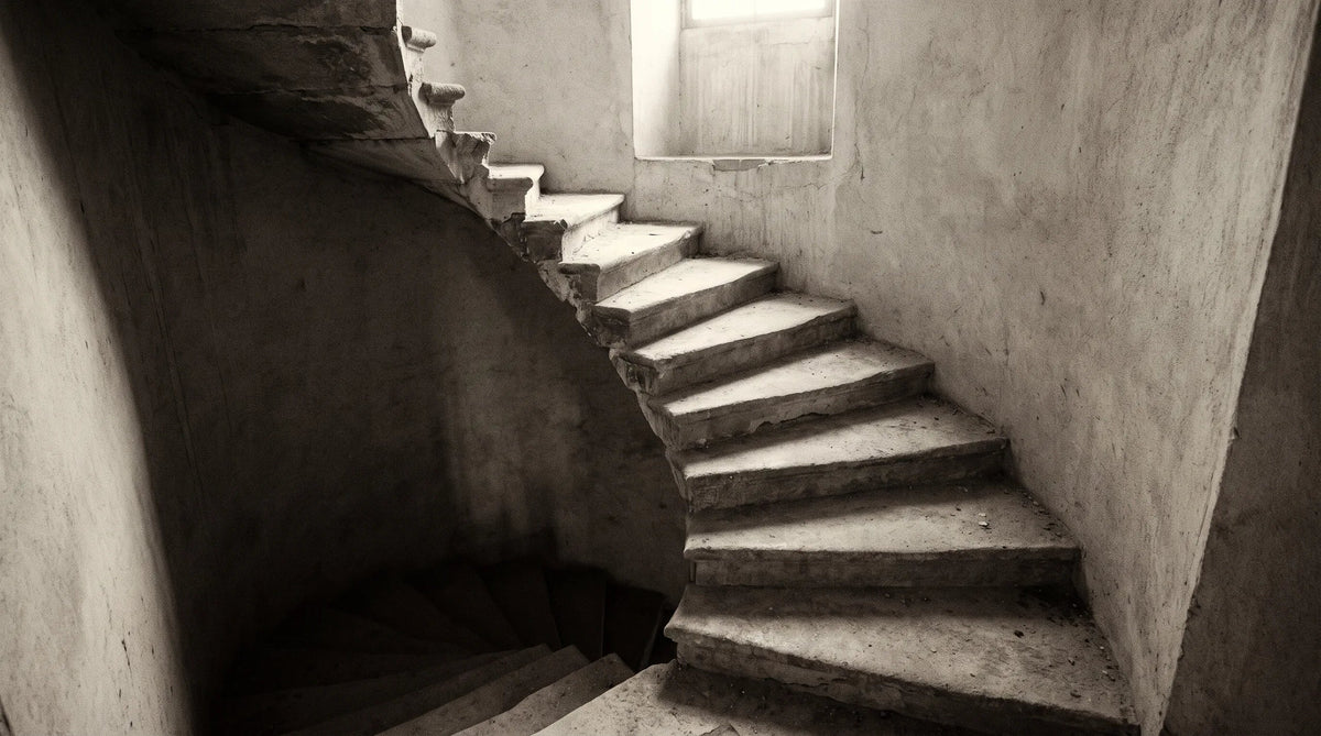 A worn stone stair with daylight falling from above