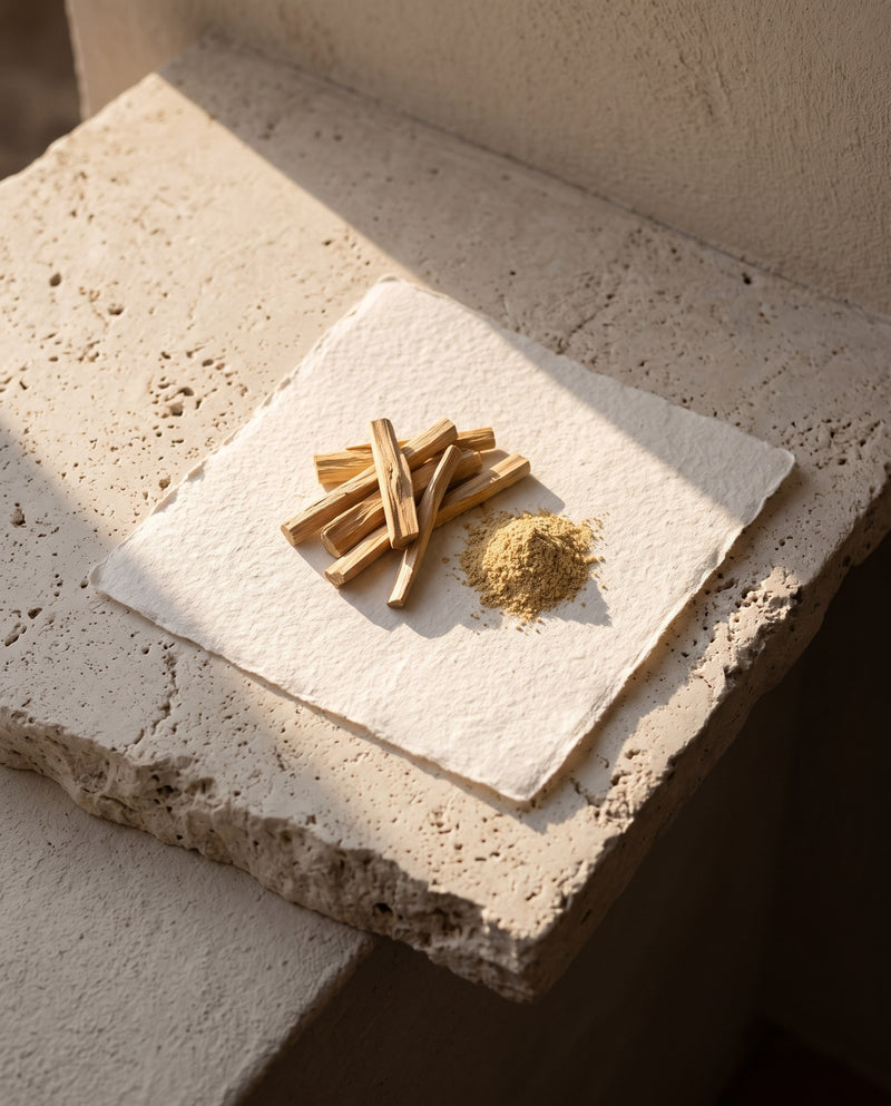 Pale gold sandalwood chips beside a small heap of sandalwood powder on travertine