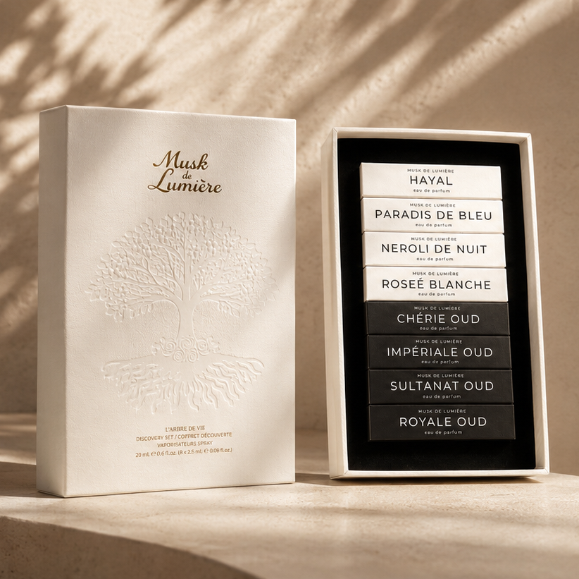 The four white coffrets of Les Branches, Chapters I–IV of L'Arbre de Vie by Musk de Lumière