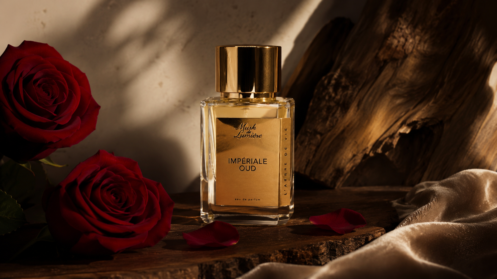 Impériale Oud cinematic bottle with red roses — Musk de Lumière hero