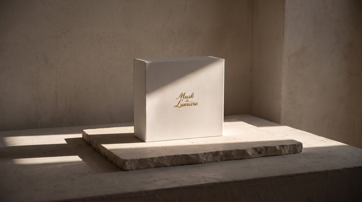La caja de regalo de Musk de Lumière sobre un saliente de travertino, con luz de tarde