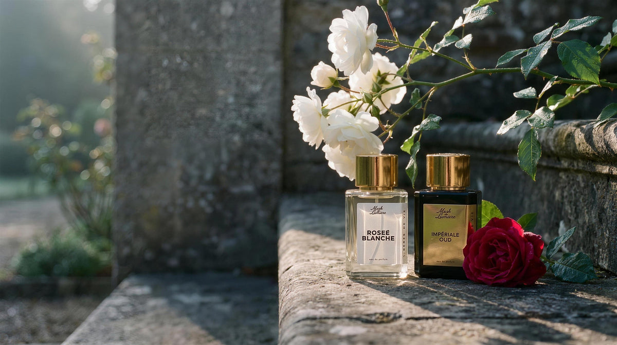 Roseé Blanche e Impériale Oud sobre un muro de piedra con musgo, bajo rosas blancas